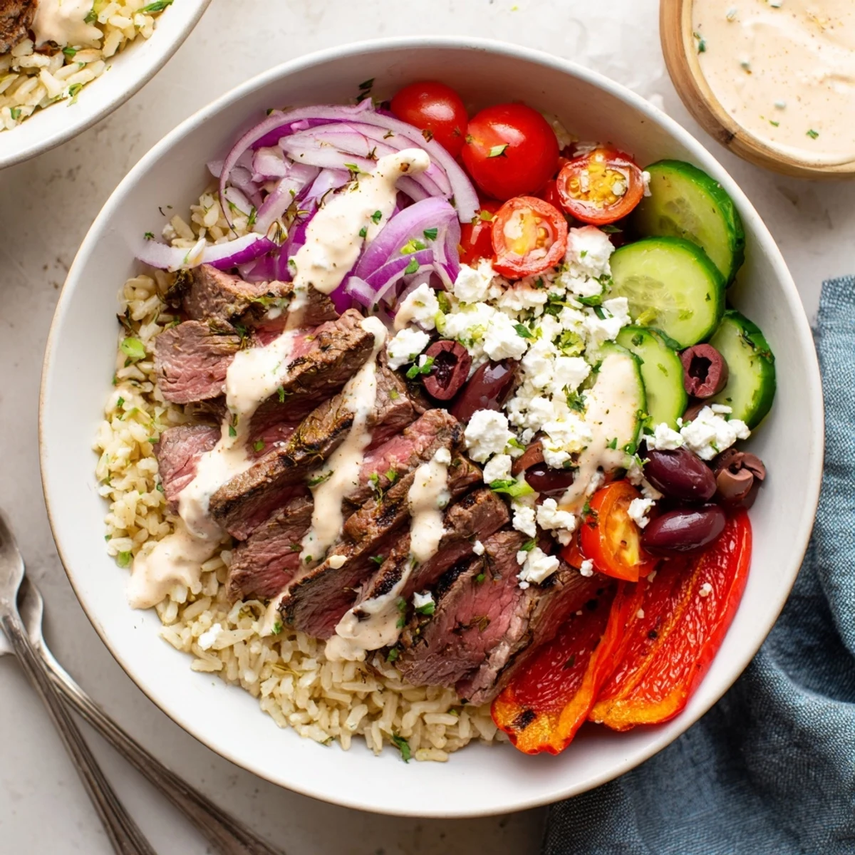 Vibrant Mediterranean steak bowl featuring juicy grilled flank steak over herbed rice with fresh vegetables and tangy yogurt sauce