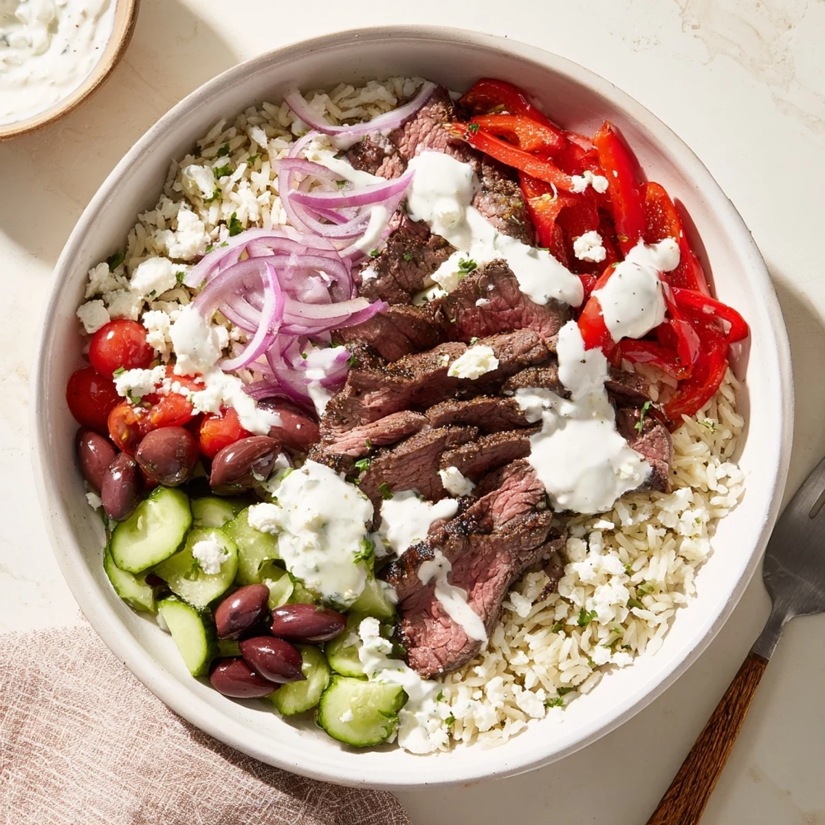 Protein-packed Mediterranean steak bowl with tender beef, aromatic rice, crisp veggies, and creamy tzatziki-style topping
