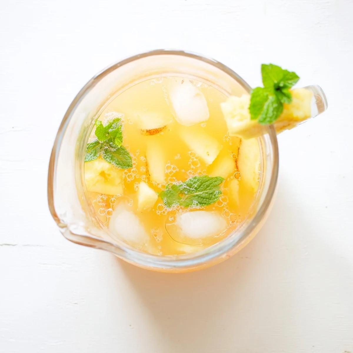 Refreshing Mexican agua fresca blended with ripe pineapple and sweet peaches served in a tall pitcher