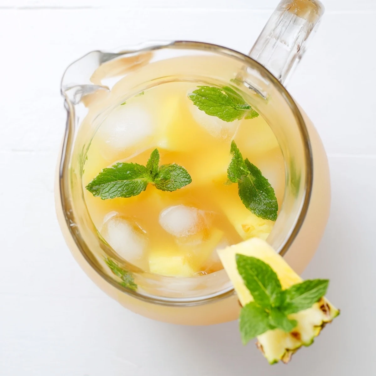 Golden pineapple peach agua fresca poured over ice in a clear glass with fresh mint garnish