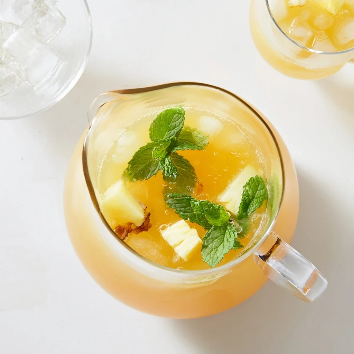 Vibrant yellow agua fresca with floating fruit slices and ice cubes on a sunny summer day