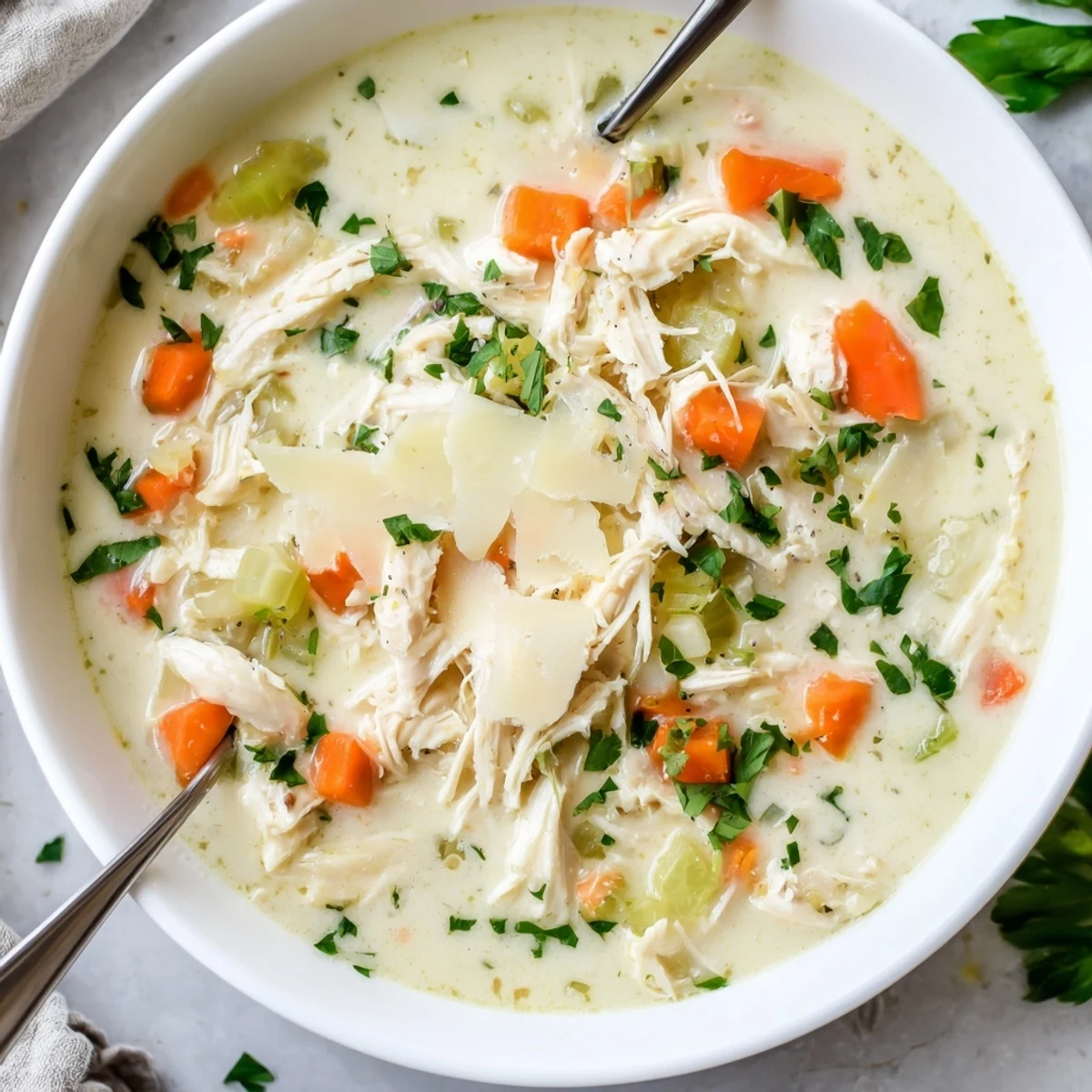 Creamy garlic parmesan chicken soup in a white bowl topped with fresh parsley and extra grated cheese
