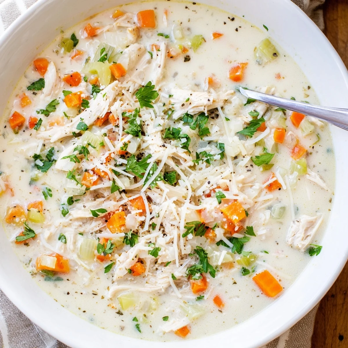Savory chicken soup with garlic and parmesan ladled into a rustic bowl alongside crusty bread