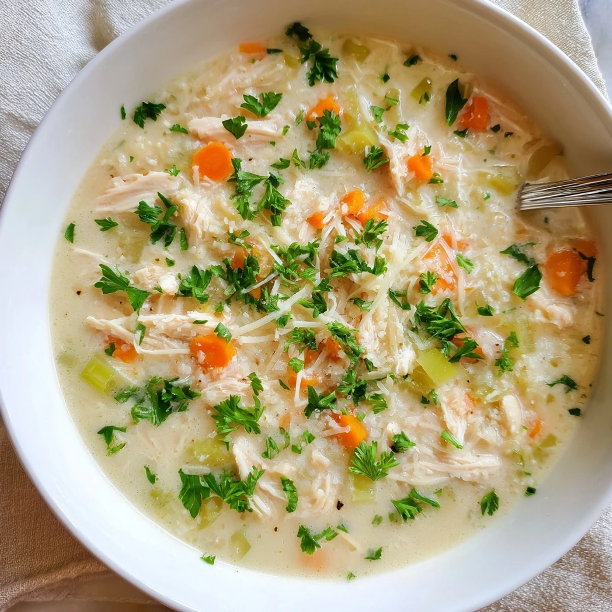 Steaming garlic parmesan chicken soup featuring tender shredded chicken in a rich cheesy broth with diced vegetables