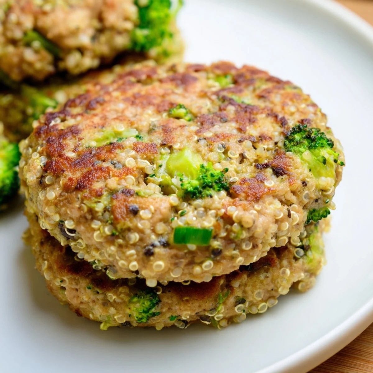 Golden brown turkey broccoli and quinoa burgers sizzling in a skillet with fresh herbs