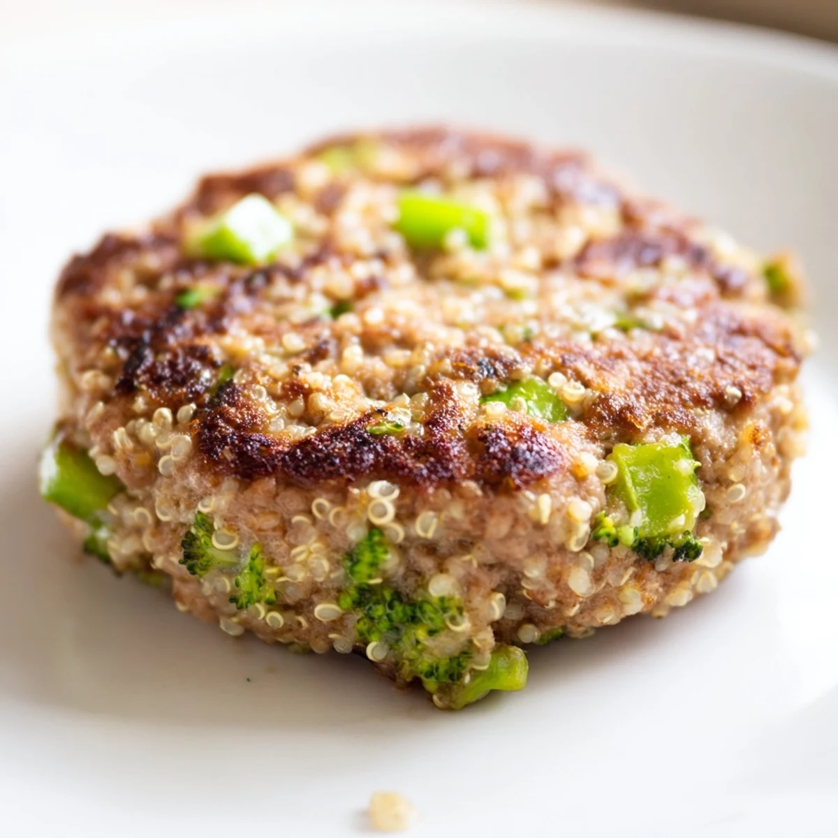 Homemade turkey broccoli quinoa patties pan-fried to perfection with green specks and aromatic seasonings