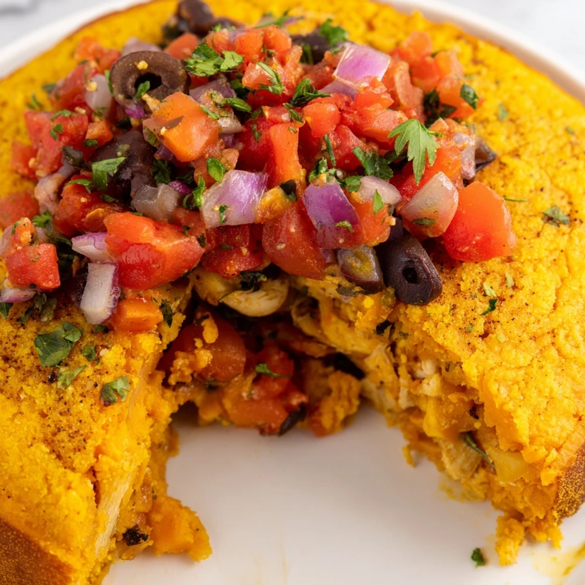Golden-crusted sweet potato and chicken pie topped with vibrant tomato olive salsa on a white plate