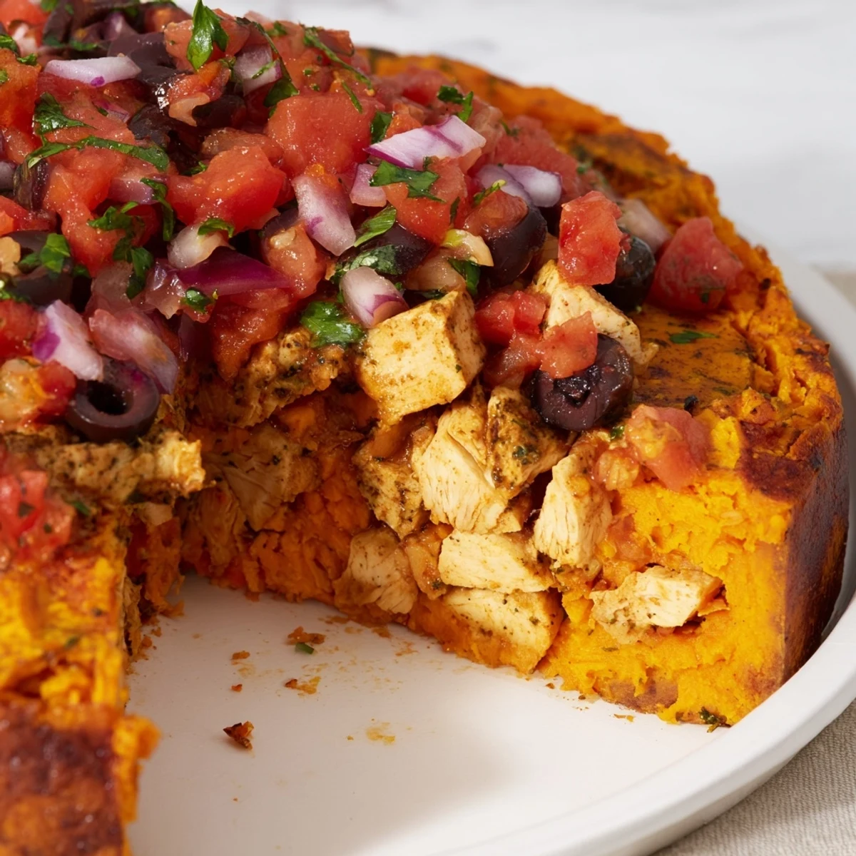 Flaky pastry-topped chicken pie with sweet potato filling served alongside fresh tomato and olive medley
