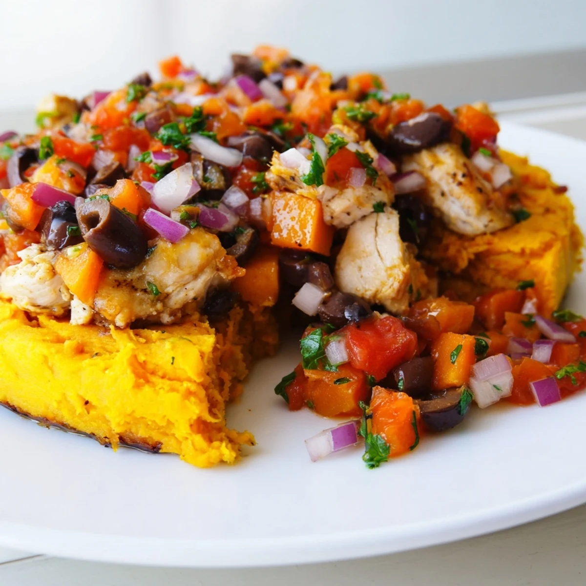 Bubbling Mediterranean-style chicken and sweet potato pie garnished with colorful tomato olive salsa for dinner