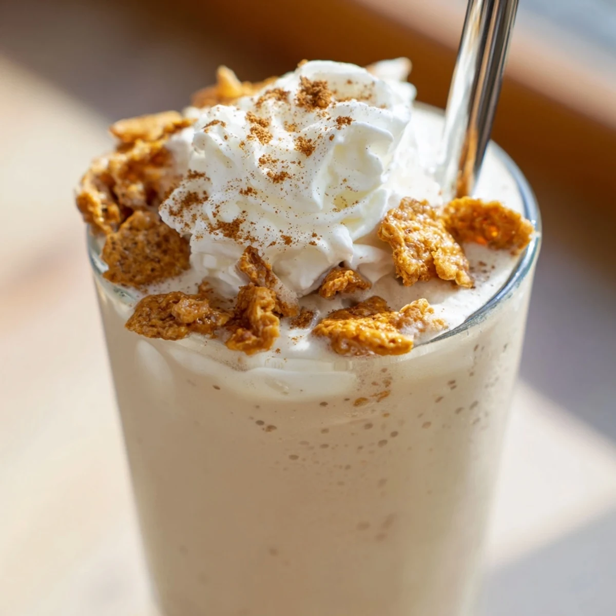 Creamy blended coffee frappe featuring Cinnamon Toast Crunch cereal with a cinnamon dusted rim