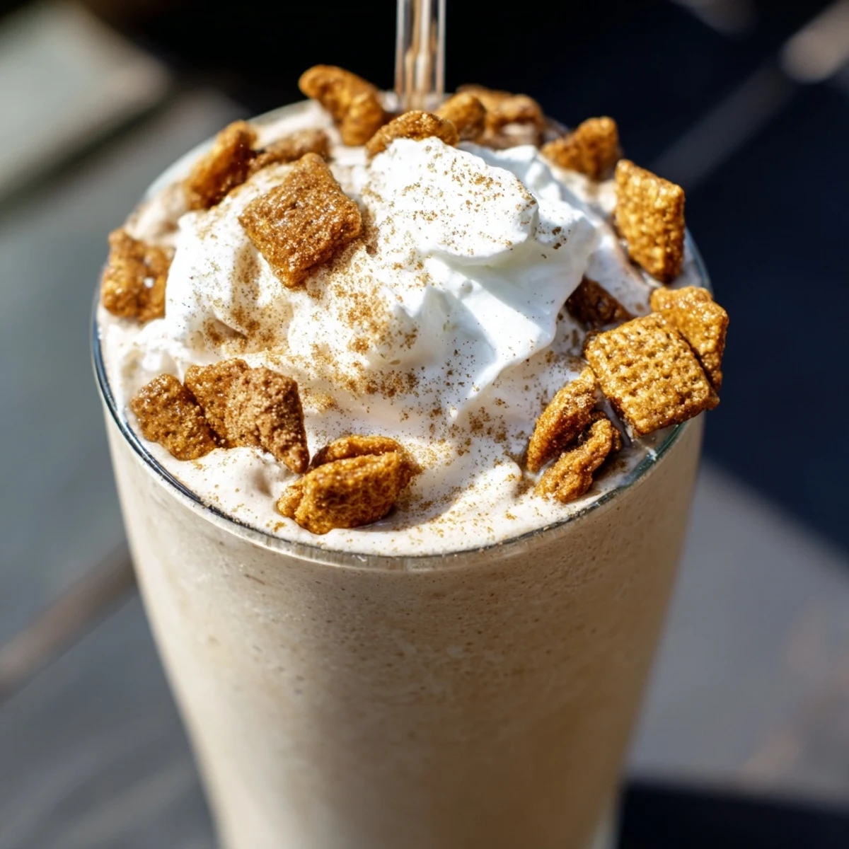 Frosty glass of Cinnamon Toast Crunch frappe topped with whipped cream and cereal sprinkles