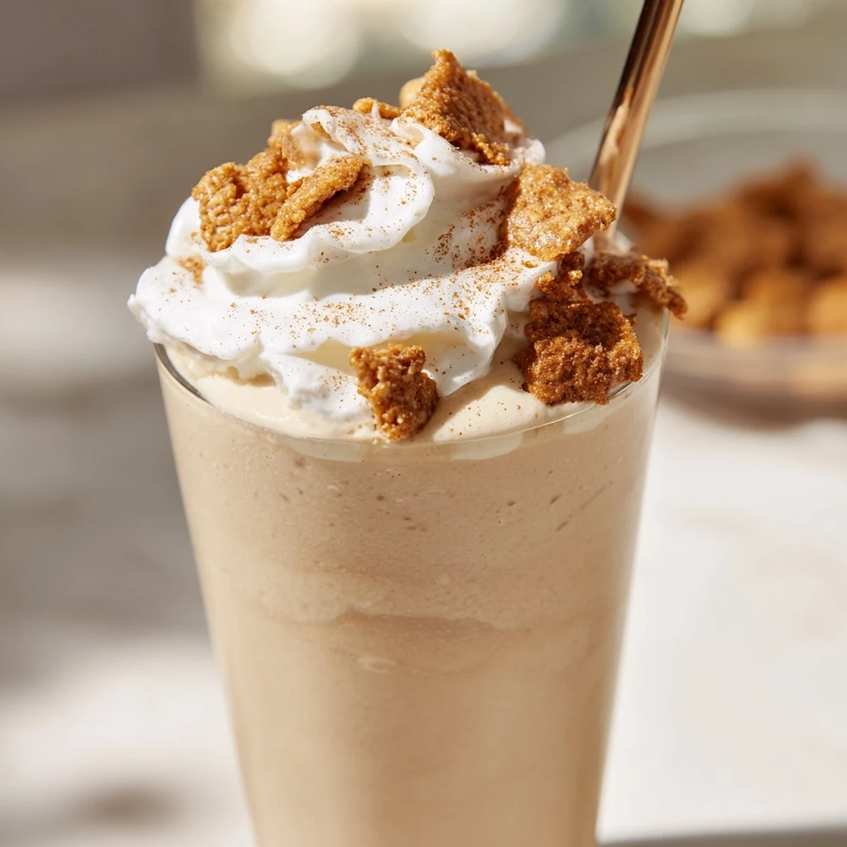 Thick Cinnamon Toast Crunch frappe in a tall glass garnished with extra cereal and whipped topping