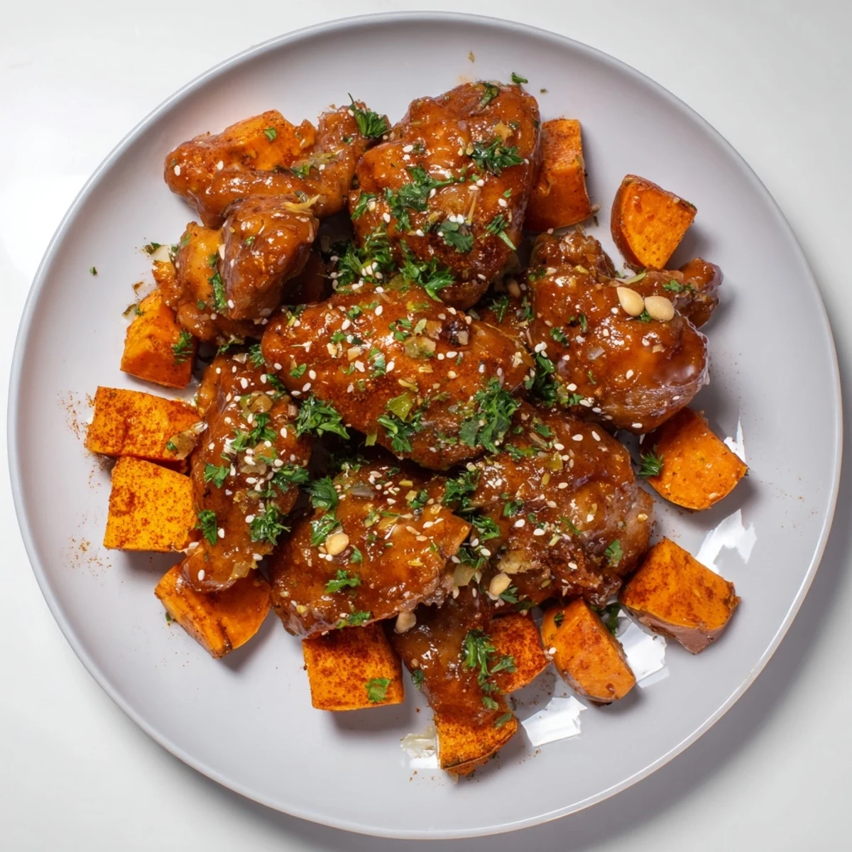 Golden glazed honey garlic chicken thighs nestled beside crispy roasted sweet potato cubes on a parchment-lined baking sheet