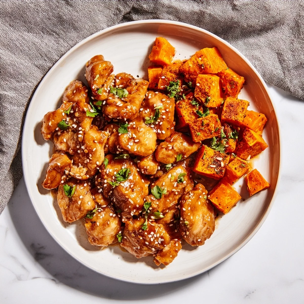Tender roasted chicken pieces coated in sticky honey garlic sauce served with caramelized seasoned sweet potatoes