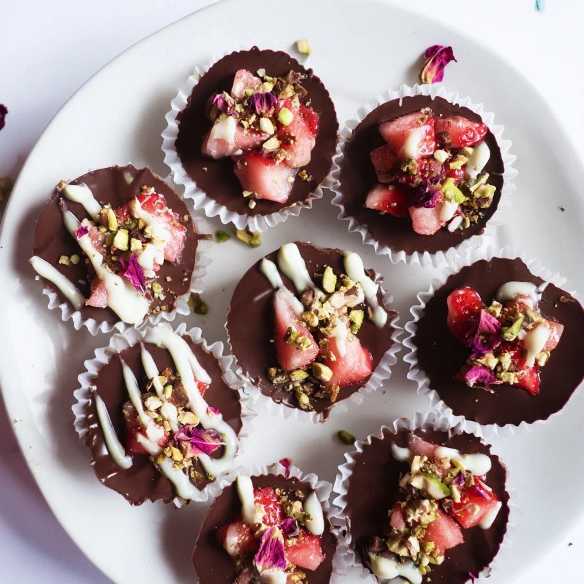 Dubai chocolate covered strawberry cups feature glossy dark chocolate shells filled with sweet rose-infused strawberries topped with crushed pistachios.