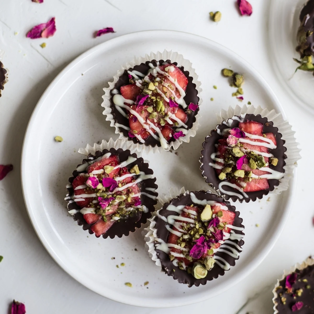 Rich Dubai chocolate covered strawberry cups with white chocolate drizzle and fresh strawberry filling ready for elegant dessert serving.
