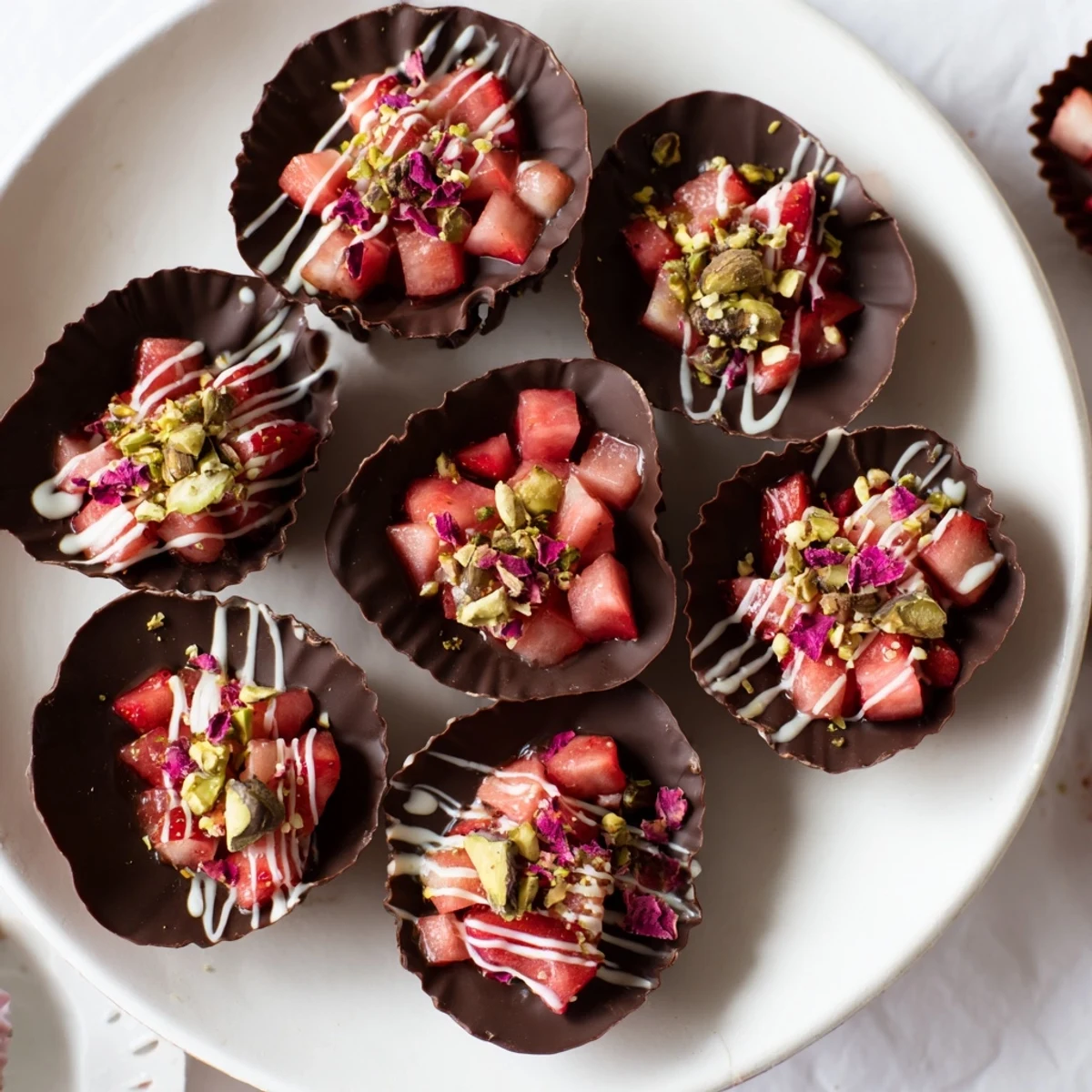 Decadent Dubai chocolate covered strawberry cups arranged on a white plate with edible gold leaf and dried rose petals.
