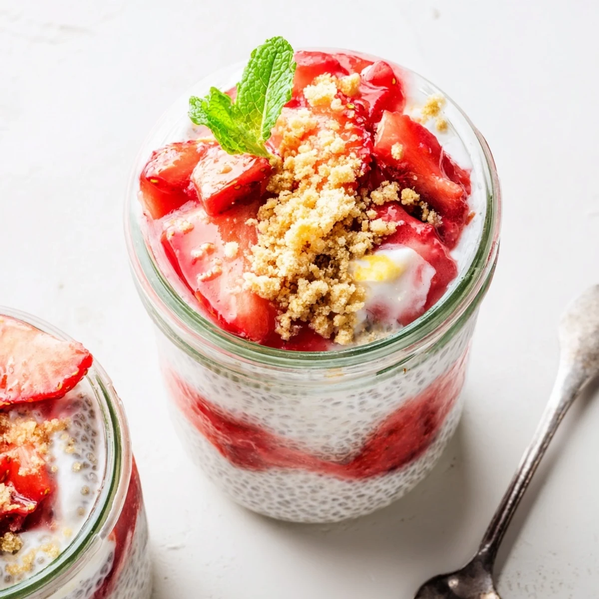 Glass jar layered with creamy strawberry cheesecake chia pudding topped with fresh strawberry slices