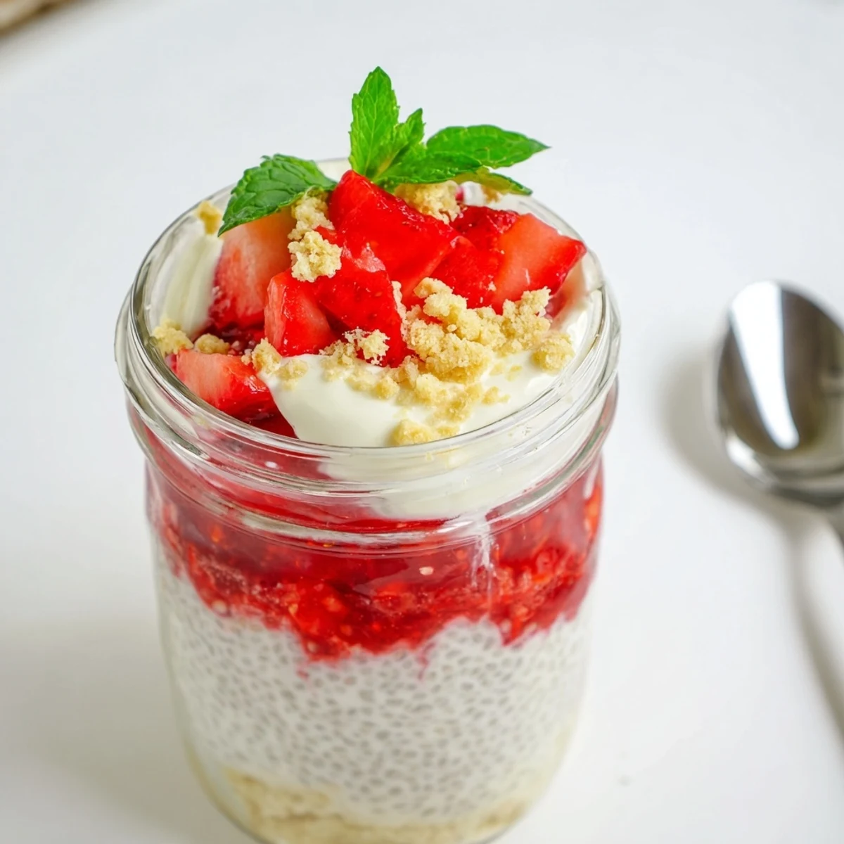 Creamy white chia pudding layered with sweet strawberries and graham cracker crumbs in clear glass