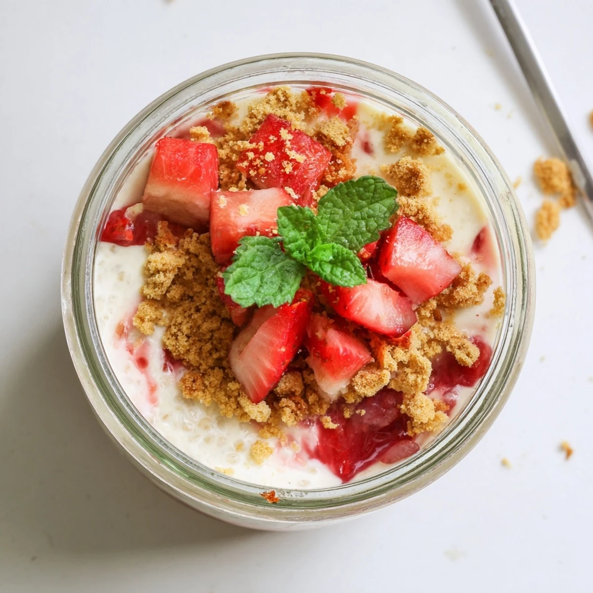 Healthy strawberry cheesecake chia pudding parfait layered in a jar with mint garnish on top