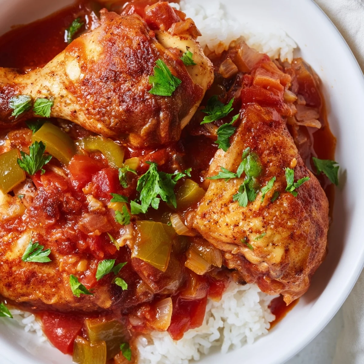 Golden chicken stewed Louisiana style simmered in rich tomato sauce with tender vegetables