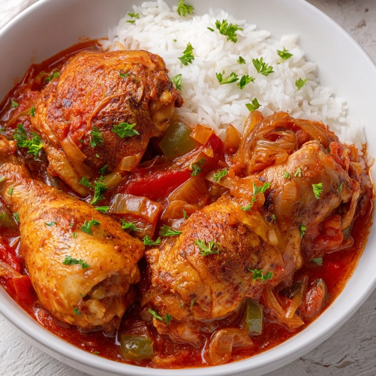 Comforting Easy Chicken Stewed Louisiana Style served over fluffy white rice with fresh parsley