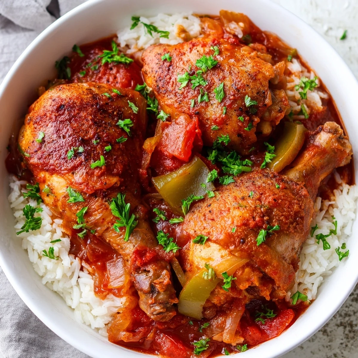 Savory Easy Chicken Stewed Louisiana Style bubbling in a Dutch oven with Creole seasonings