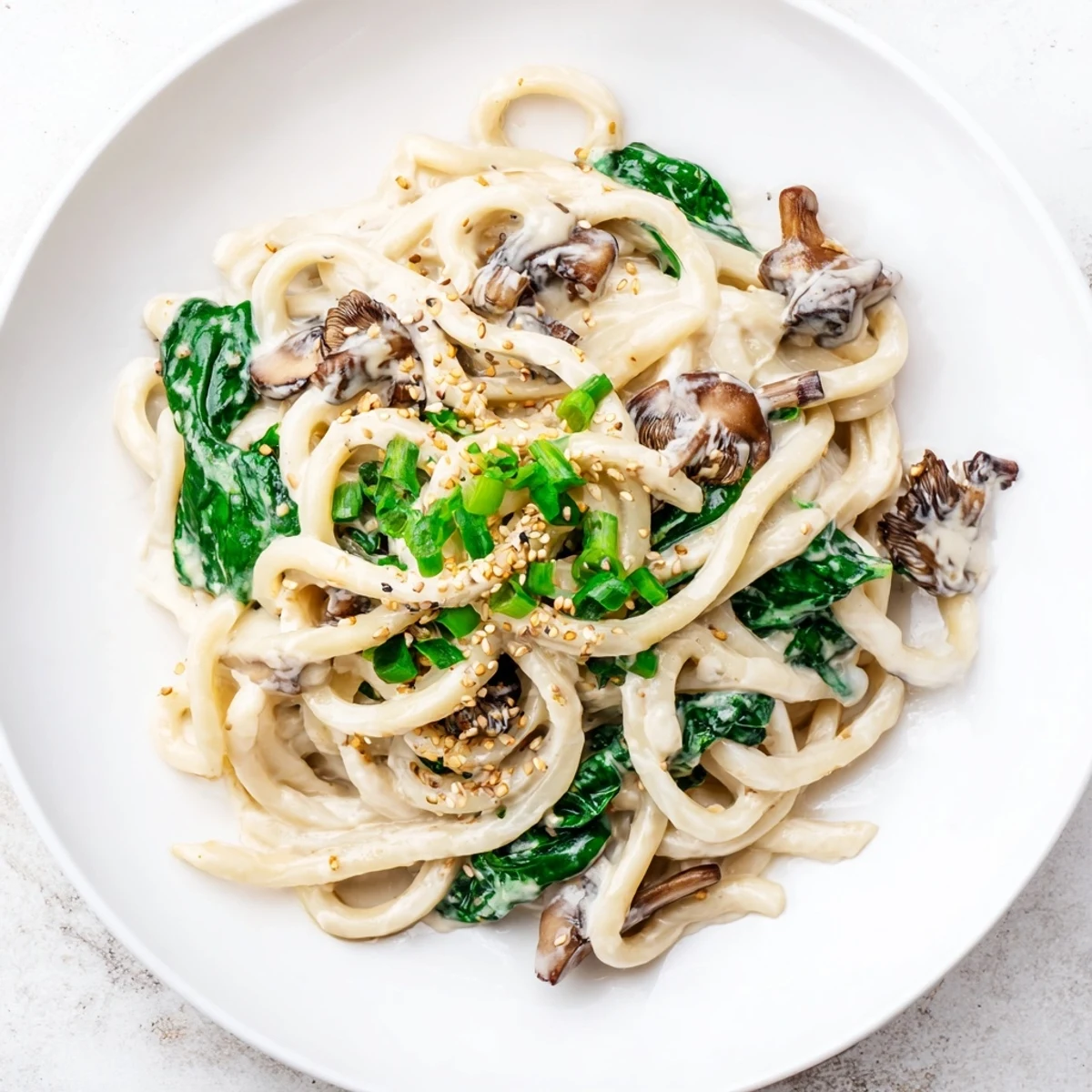 Thick udon noodles coated in rich miso cream sauce with wilted spinach and tender shiitake mushrooms