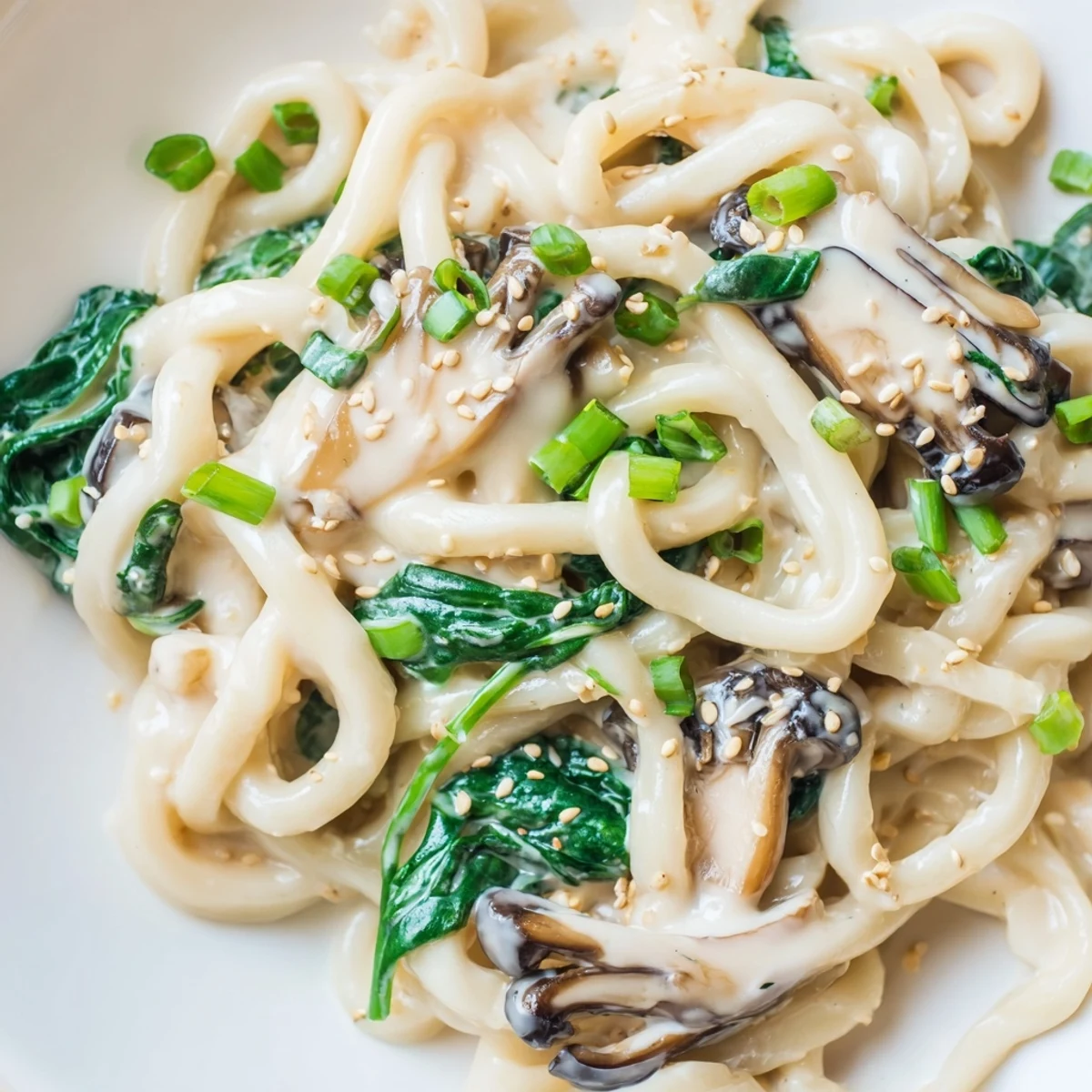 Steaming bowl of creamy miso udon featuring thick noodles in savory white miso cream sauce