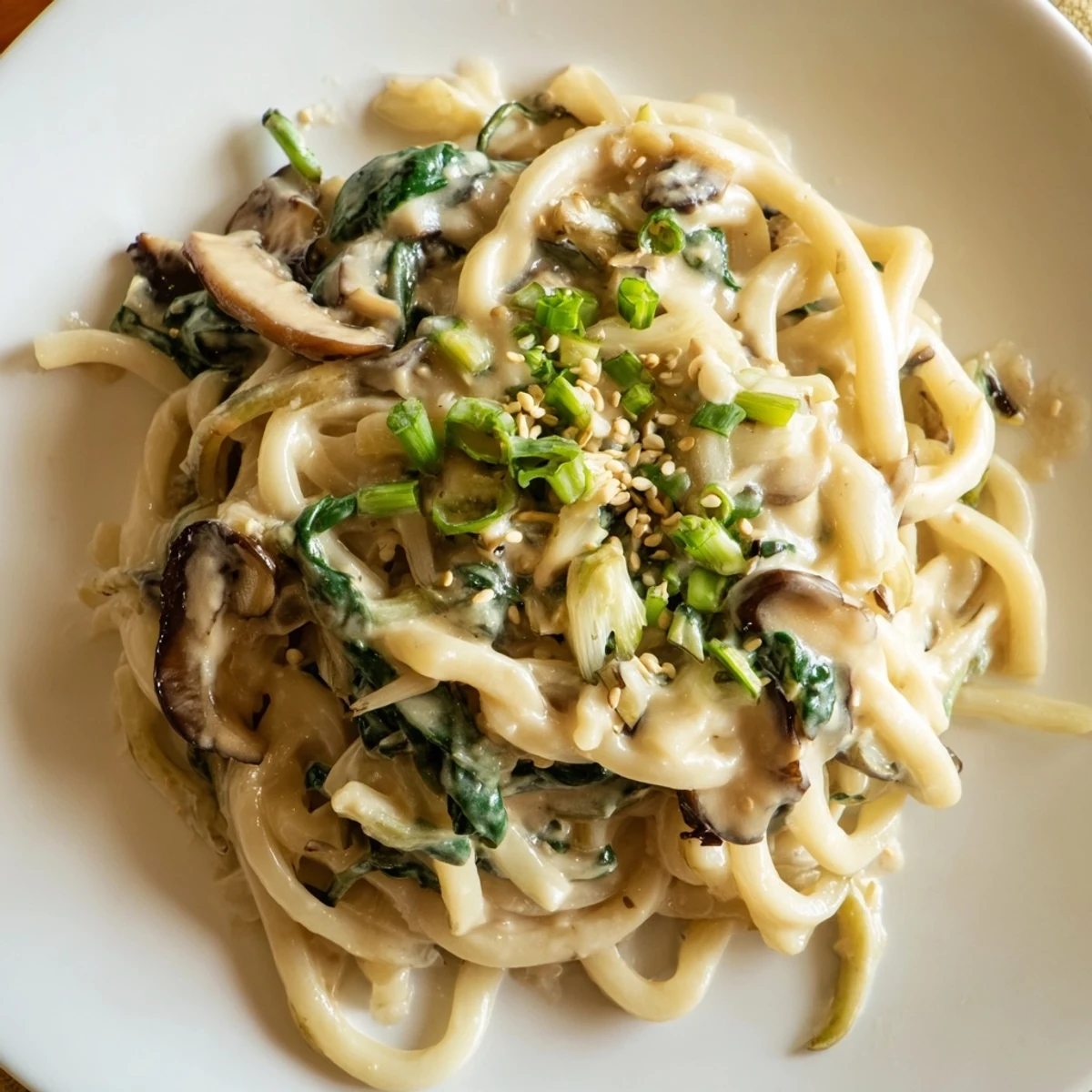 Japanese-style creamy miso udon noodles garnished with green onions, sesame seeds, and baby spinach