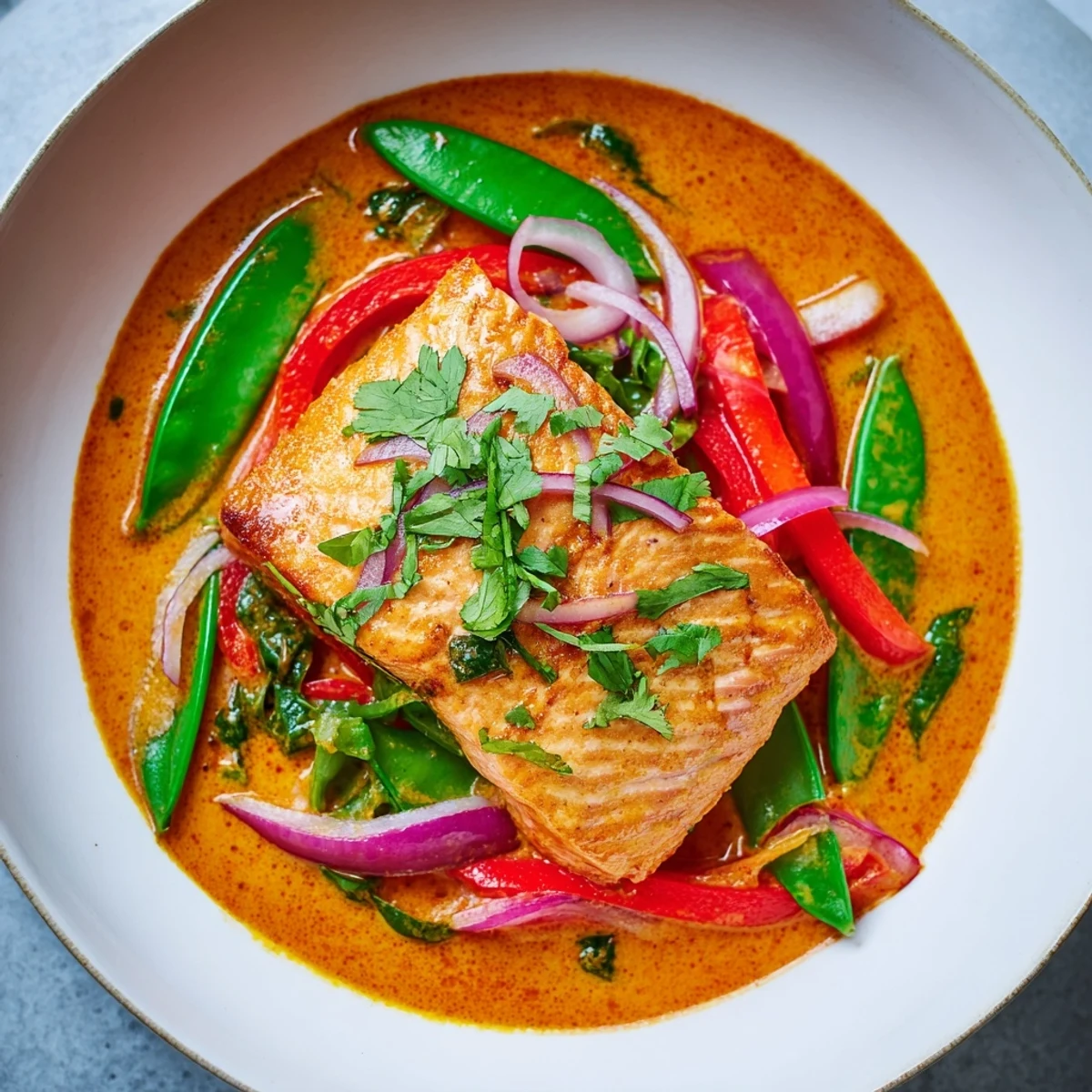 Golden pan-seared salmon fillets swimming in creamy red curry coconut sauce with fresh coriander garnish