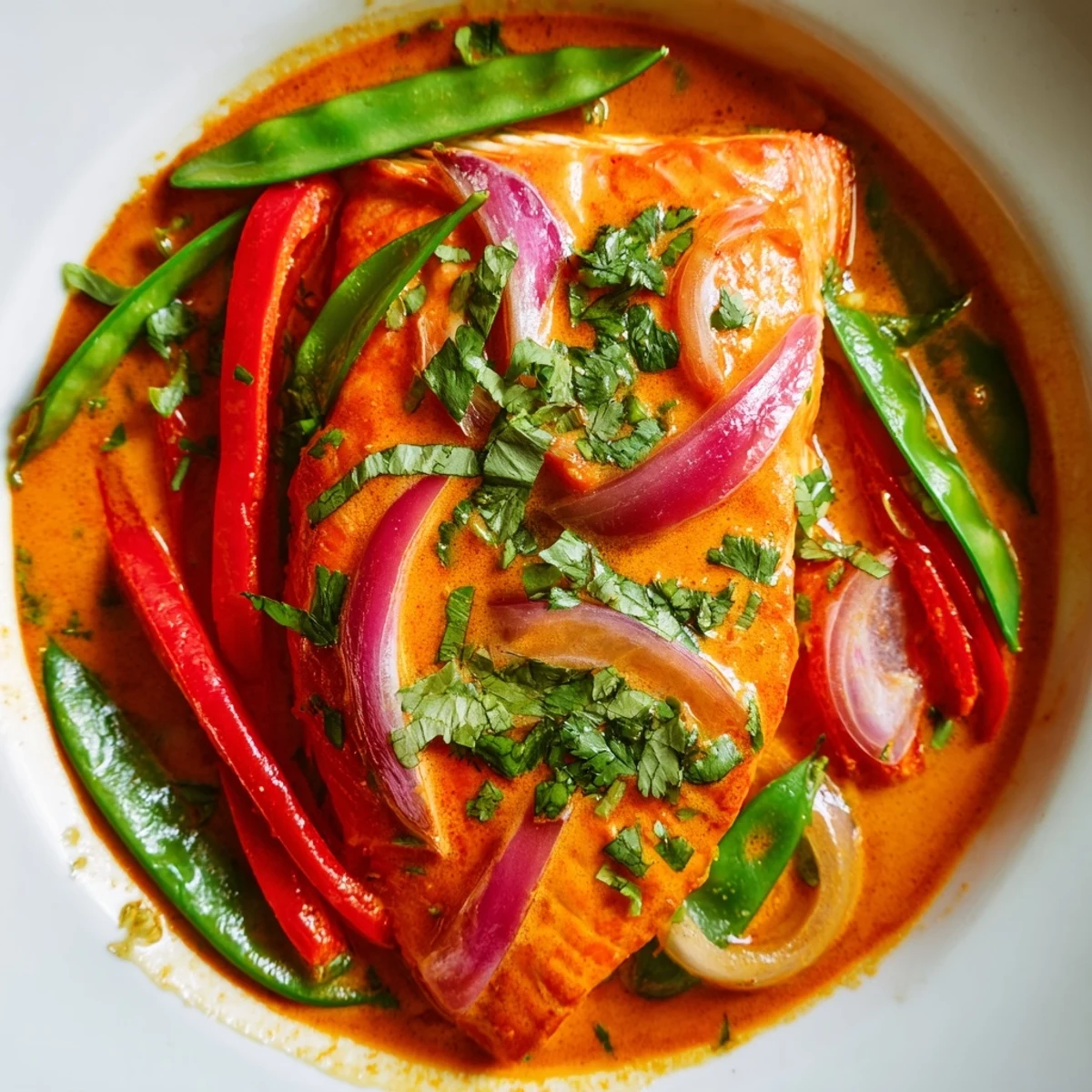 Flaky pink salmon poached in aromatic Thai red curry and coconut milk with vibrant sliced bell peppers