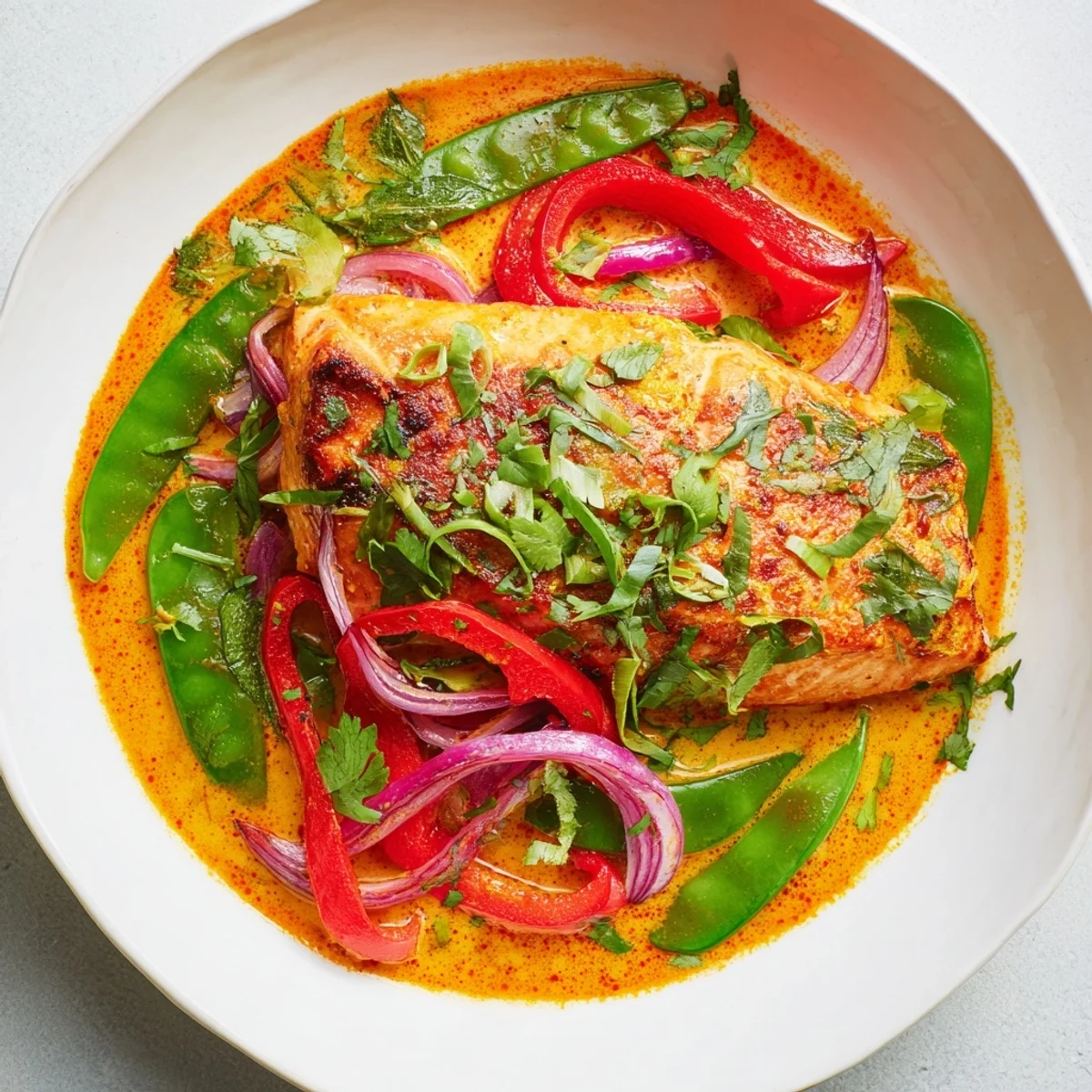 Weeknight dinner of tender salmon pieces simmered in rich coconut red curry broth topped with cilantro and chili