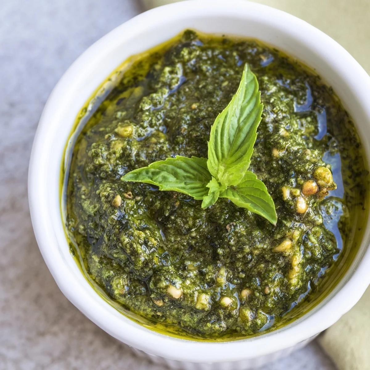 Close up of Thai basil pesto being tossed with fresh rice noodles