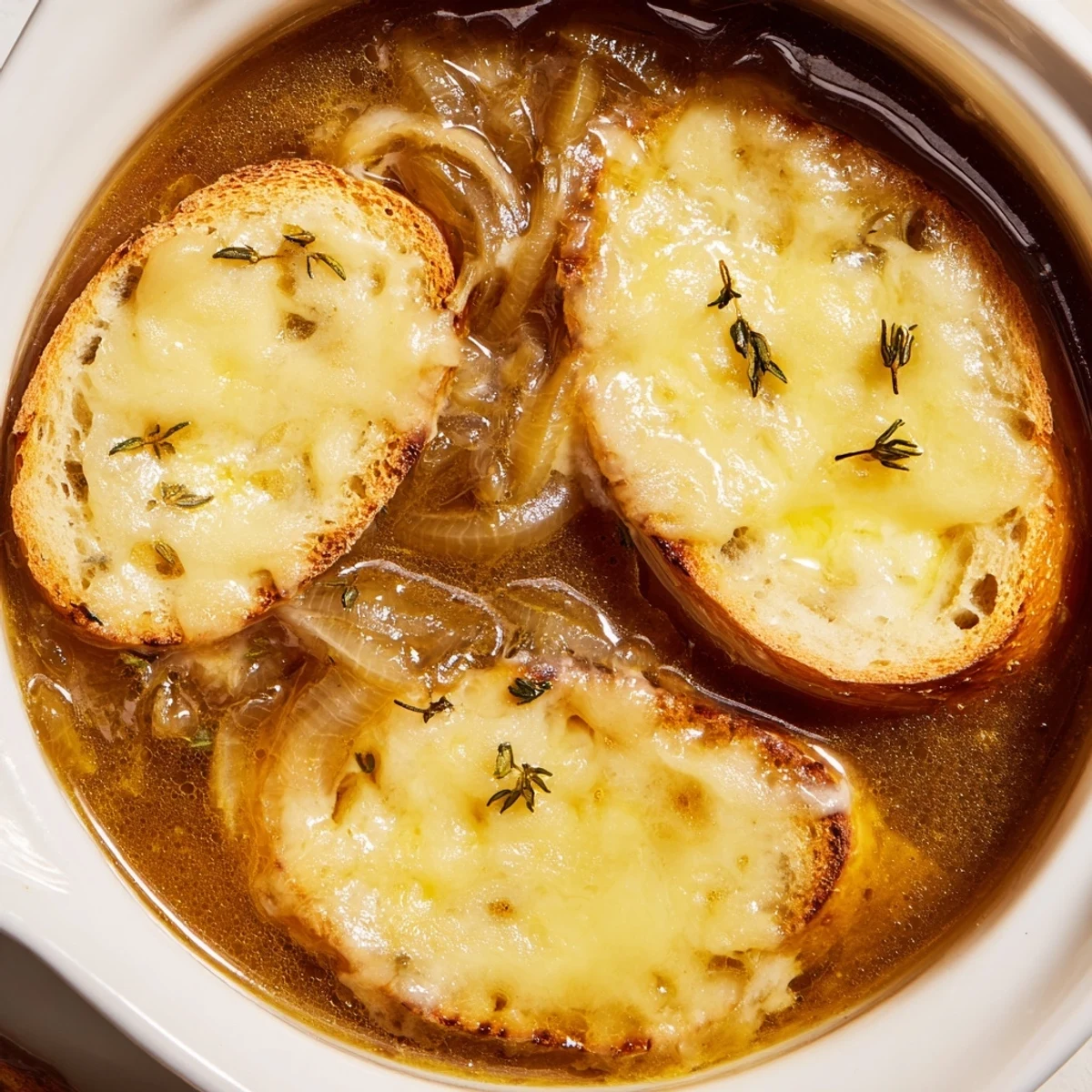 Slow cooker French onion soup with caramelized onions, crusty bread, and melted Gruyère cheese topping
