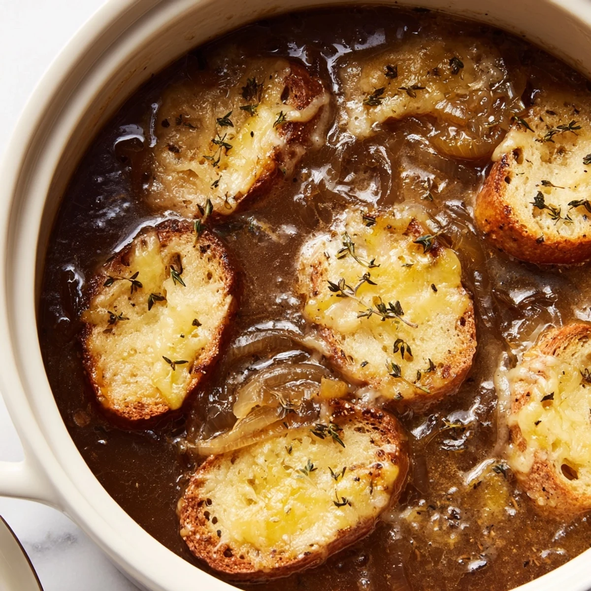 Golden brown baguette slices atop rich slow cooker French onion soup in a white ceramic bowl