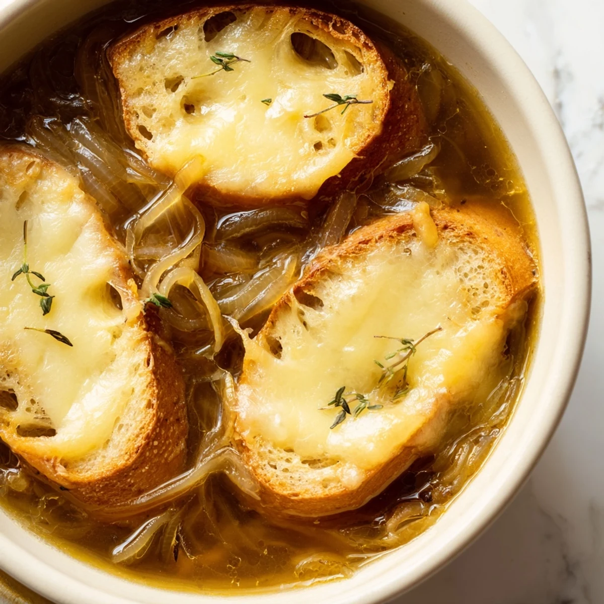 Comforting slow cooker French onion soup featuring deeply caramelized onions and bubbly Gruyère cheese crust
