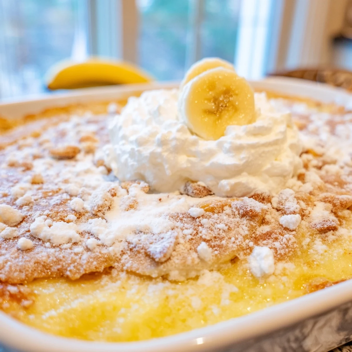 Golden Southern Banana Pudding Cheesecake Dump Cake topped with fluffy whipped cream and fresh banana slices