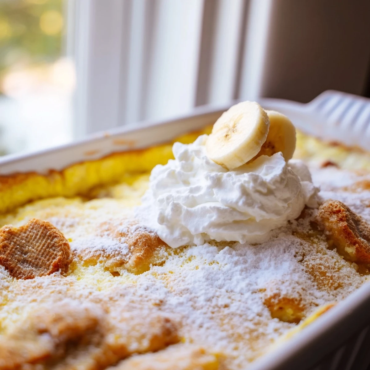 Rustic slice of banana pudding cheesecake dump cake served with vanilla wafer garnish on white plate