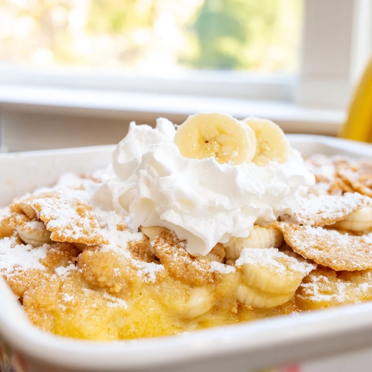 Creamy cheesecake and banana pudding layers beneath buttery yellow cake crumble in this Southern dessert