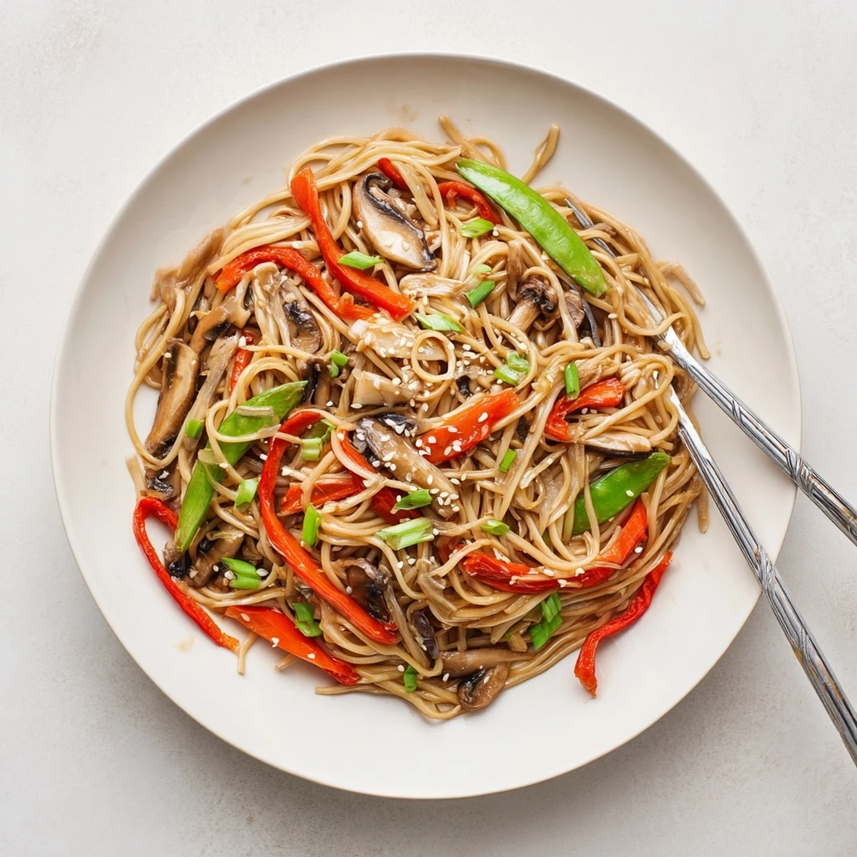 Steam rising from garlic mushroom chow mein plated with chopsticks and fresh green onions