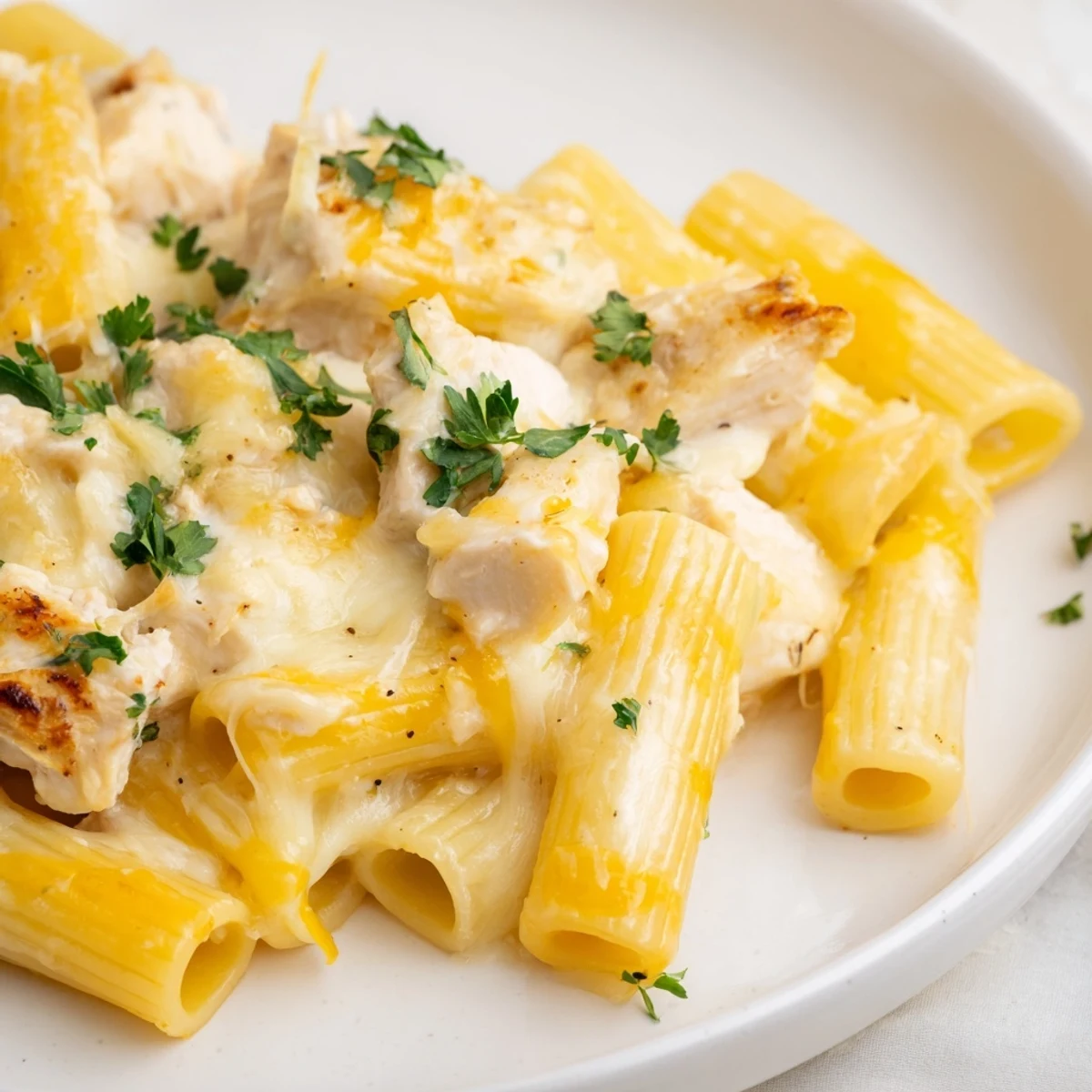 Golden cheesy garlic chicken rigatoni casserole baked until bubbly with melted mozzarella topping