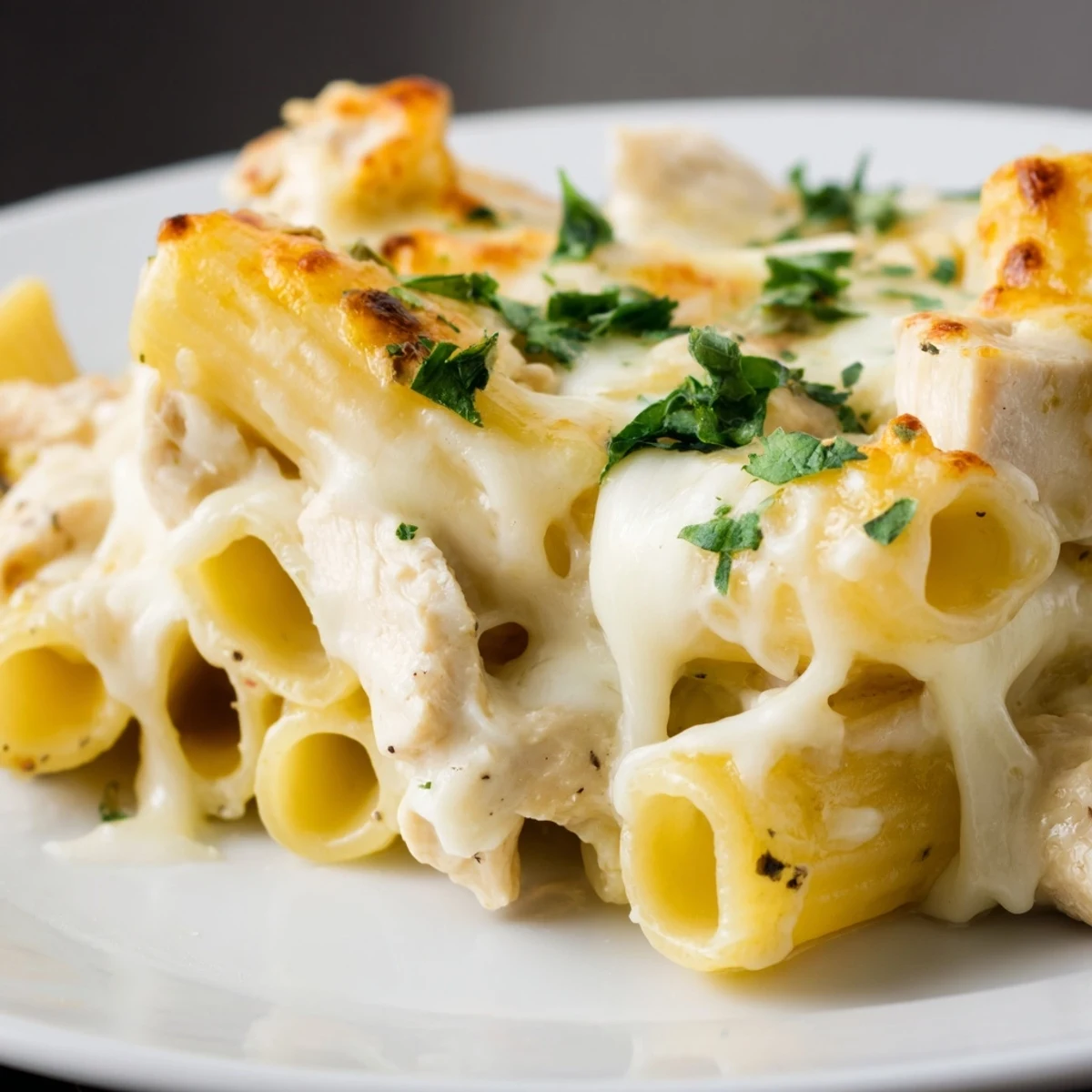 Creamy garlic chicken rigatoni casserole served in a baking dish with fresh parsley garnish
