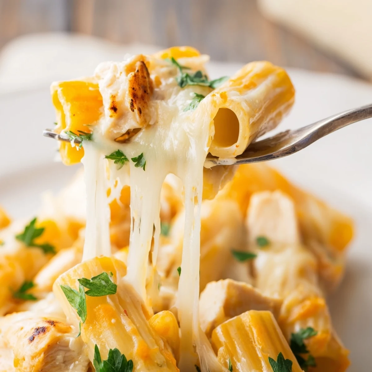 Hearty chicken rigatoni casserole with rich garlic cheese sauce and golden brown cheese topping