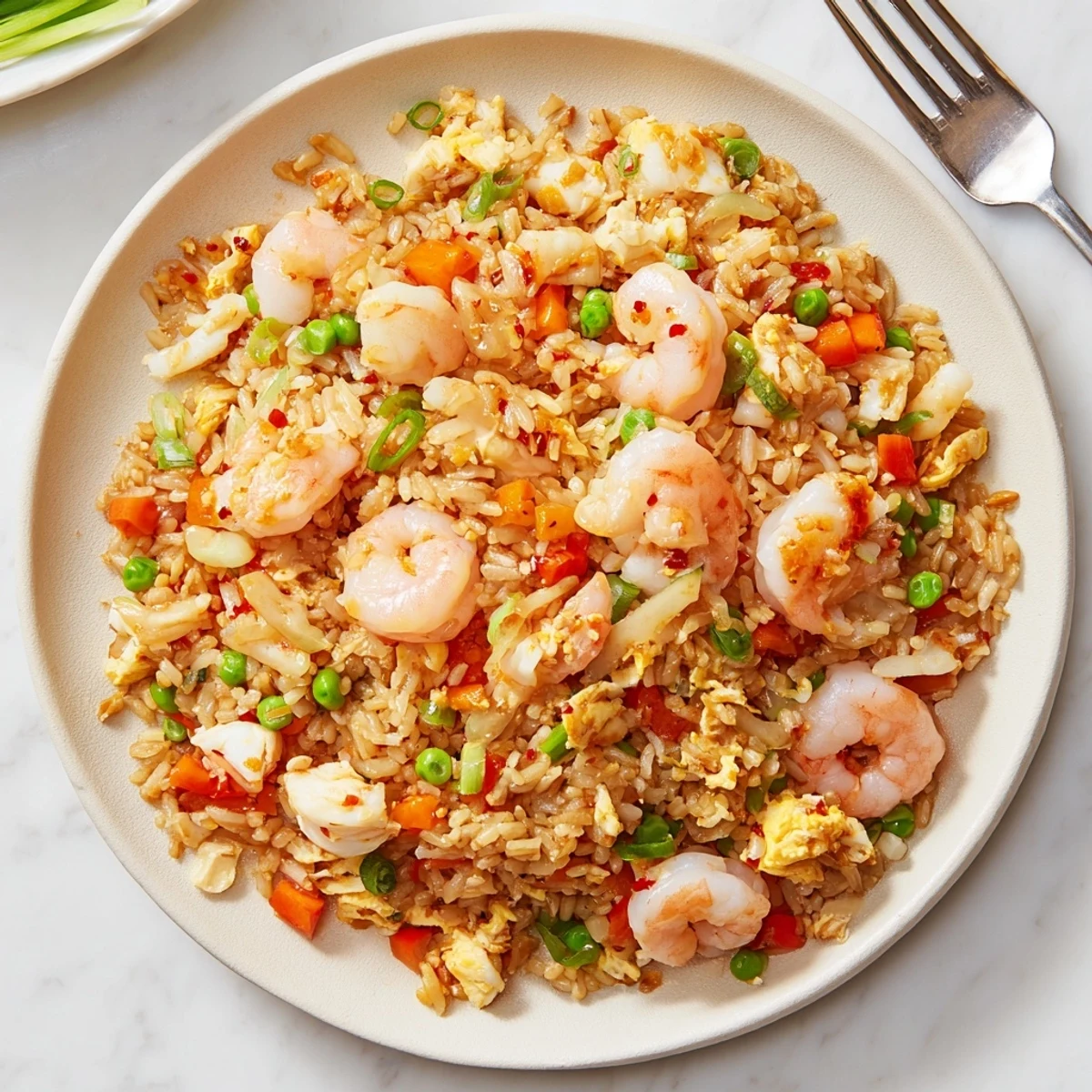 Golden spicy crab and shrimp fried rice drizzled with vibrant red garlic chili oil in a white bowl