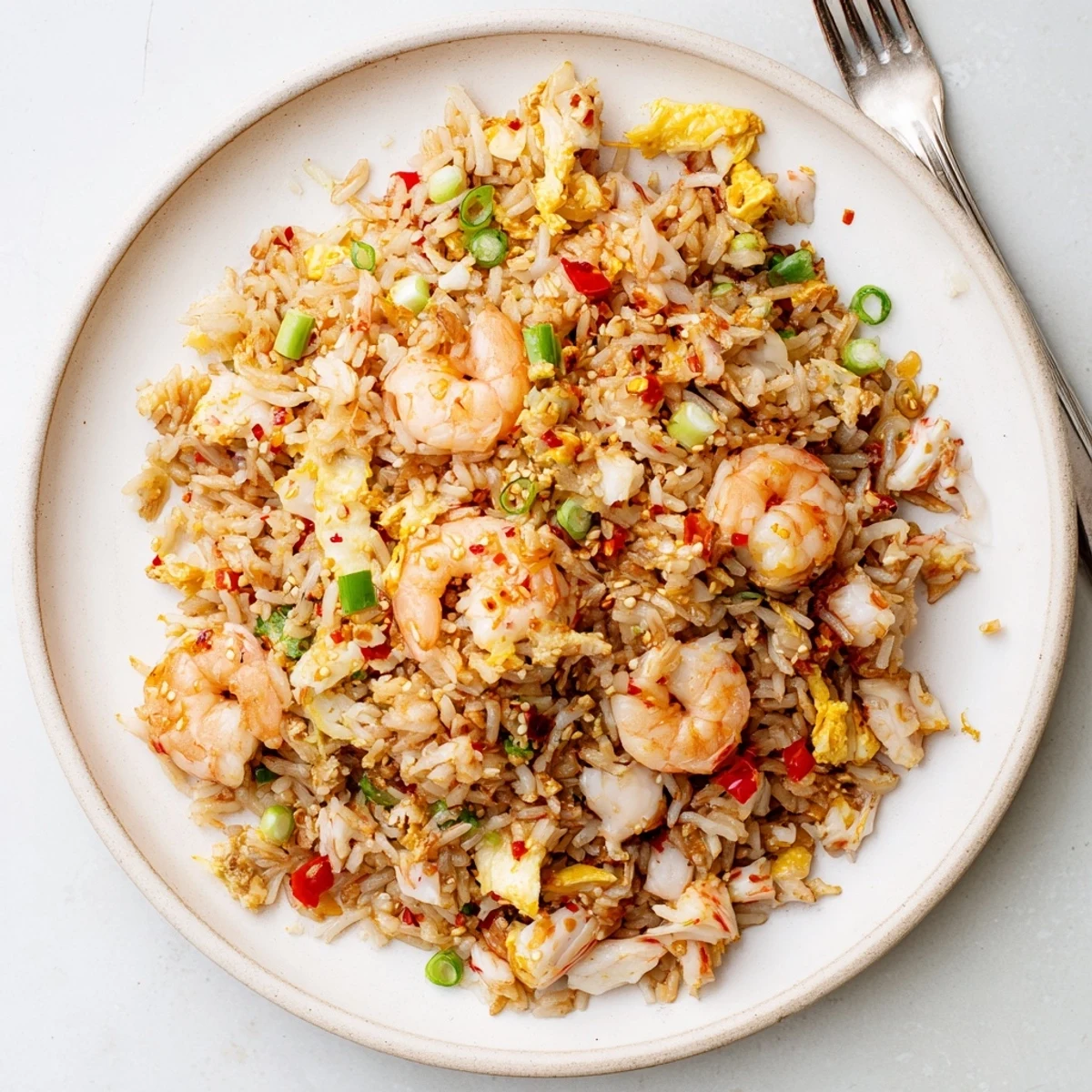 Close-up of tender seafood fried rice with colorful vegetables and glossy chili oil shimmering under warm lighting