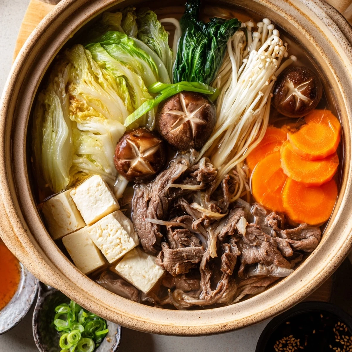 Golden broth Japanese shabu shabu hot pot with thinly sliced beef and fresh vegetables simmering at the table