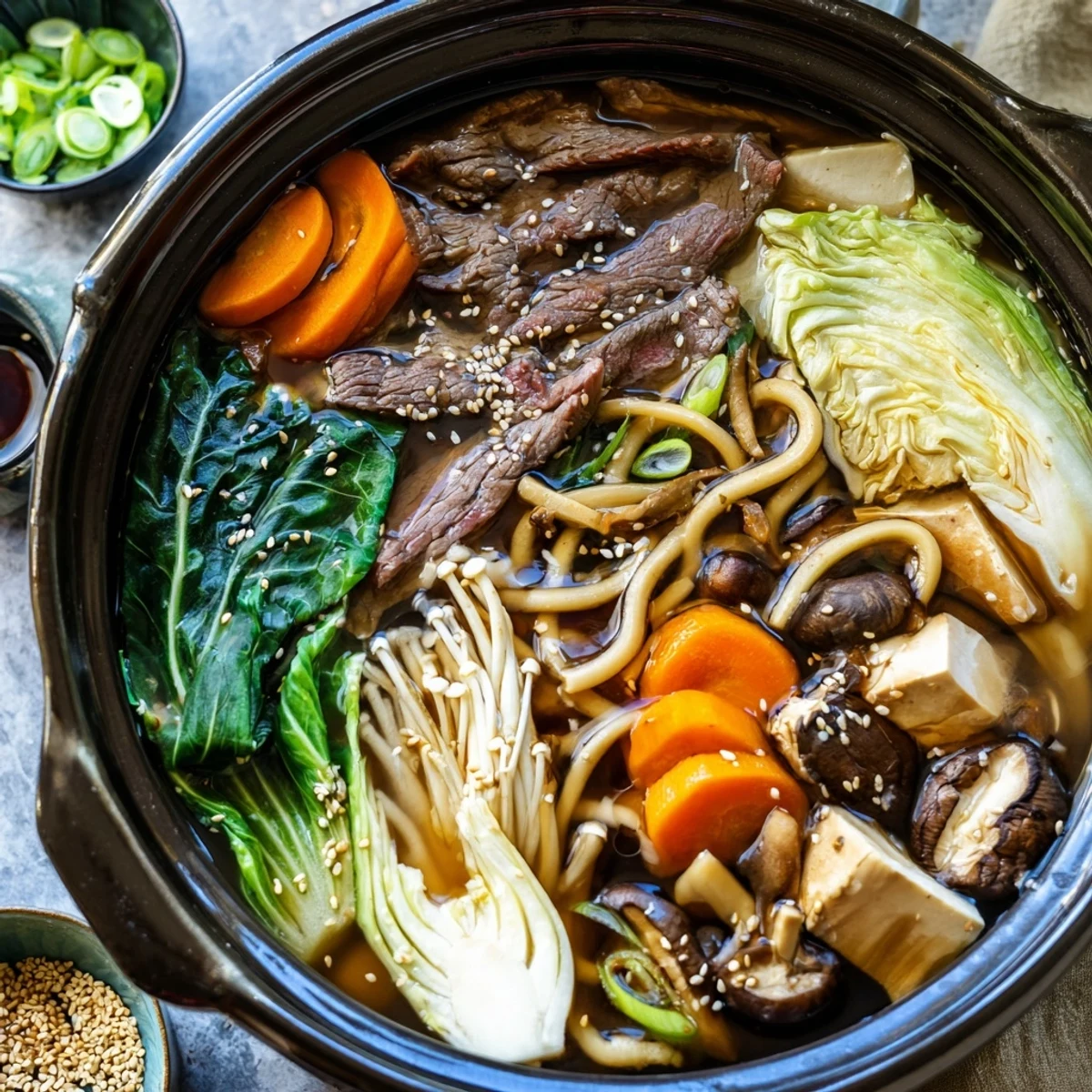 Traditional Japanese shabu shabu hot pot featuring colorful vegetables, tender beef, and dipping sauces ready for sharing