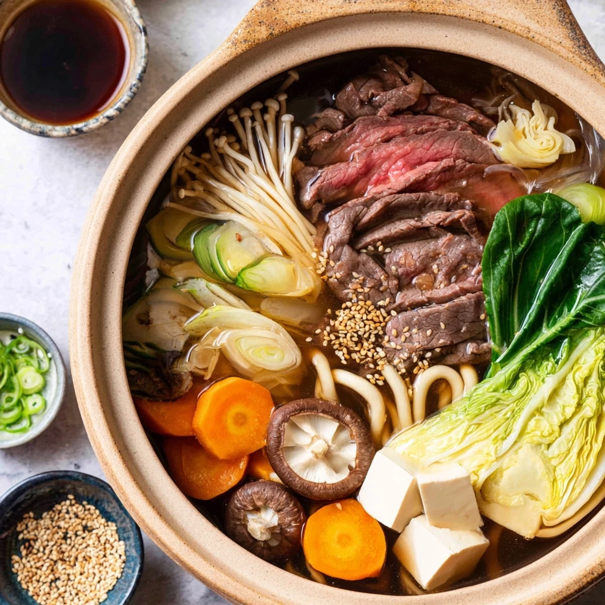 Tableside Japanese shabu shabu hot pot displaying platters of raw meat, tofu, and crisp vegetables for interactive dining
