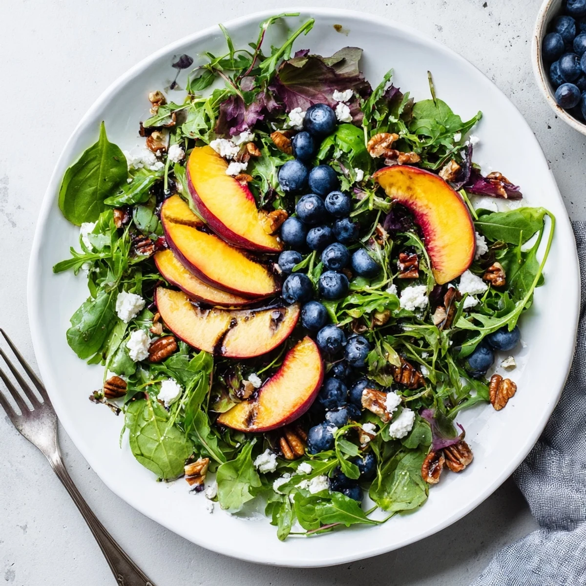 Fresh blueberry peach feta salad with mixed greens and balsamic dressing in white bowl